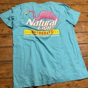 Natural Light Beer Shirt Mens SZ Large Blue Teal Naturdays Pink Flamingo Alcohol